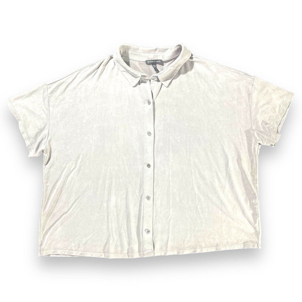 Eileen Fisher Shirt Women sueded cupro knit short sleeve Size L Light gray boxy​